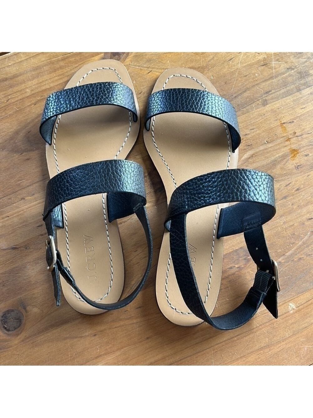 J. Crew Women’s Black Pebble Leather Flat Double Strap Sandals 6.5 - Picture 2 of 12